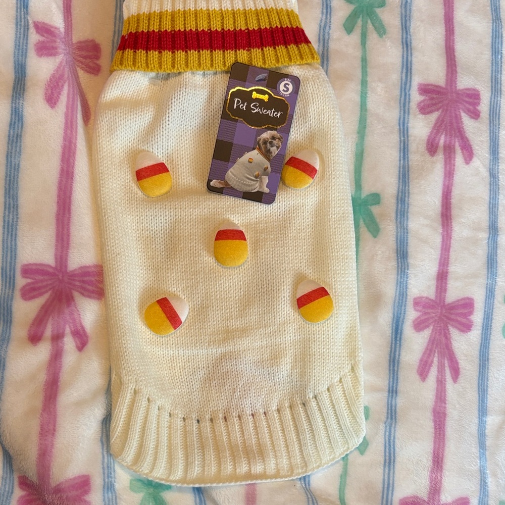 White Knit Pet Sweater with Candy Corn Design